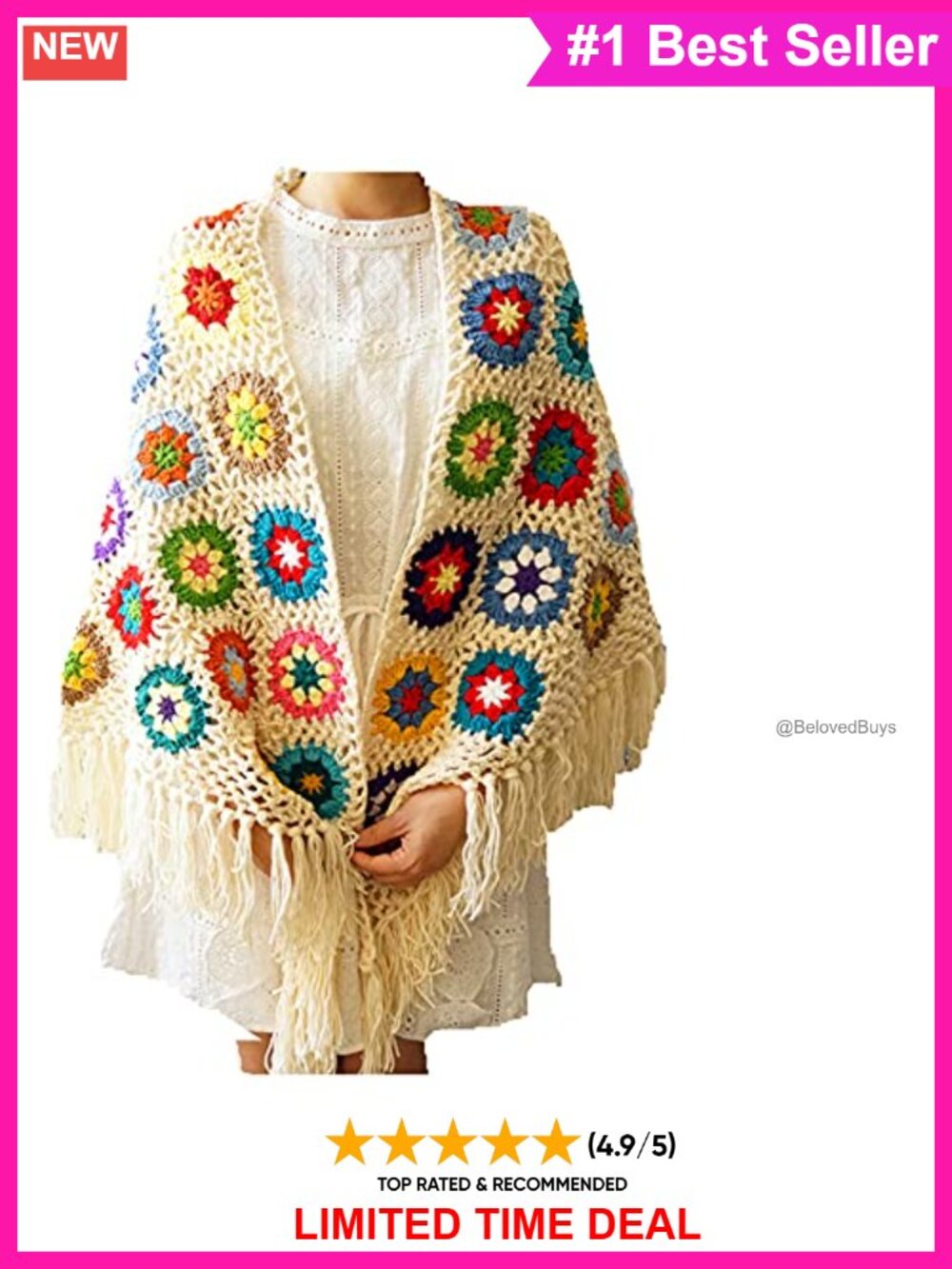 Hand Crochet Granny Square Shawl Tassel Boho Wrap Scarf One Size